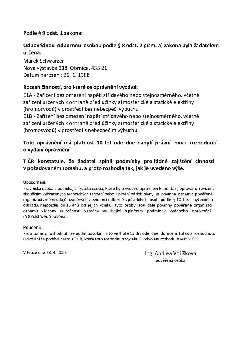 Certifikace TIČR E1A a E1B - elektroinstalace bez omezení napětí a hromosvody v prostředí s nebezpečím výbuchu